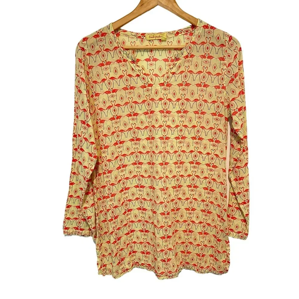 Fresh Produce XS/S Yellow Pink Flamingo Long Sleeve Tunic Top 100% Cotton Beachy